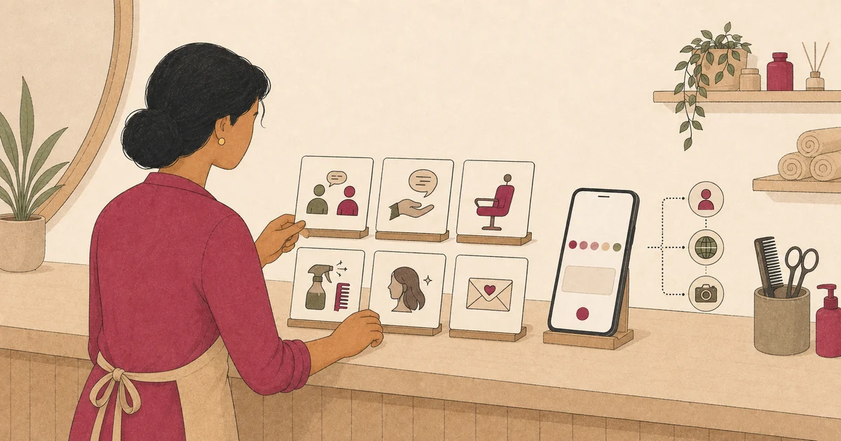 Illustration of an Indian salon owner arranging customer feedback questions for consultation, comfort, cleanliness, and results
