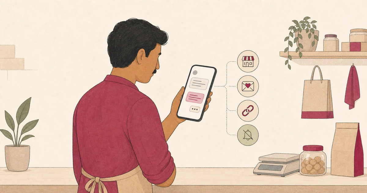 Illustration of an Indian local-business owner preparing a neutral WhatsApp review request