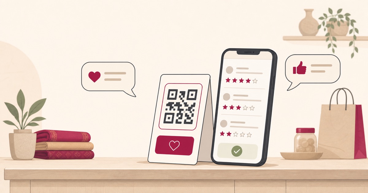 Illustration of a review QR card and phone at an Indian local-business counter
