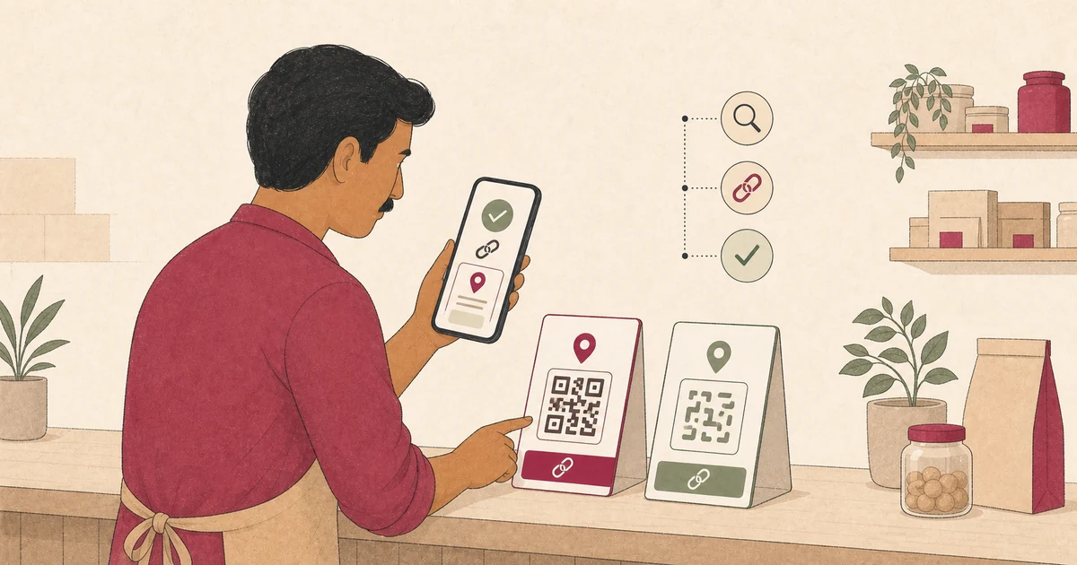 Illustration of an Indian local-business owner checking a Google review link and QR code for the correct branch