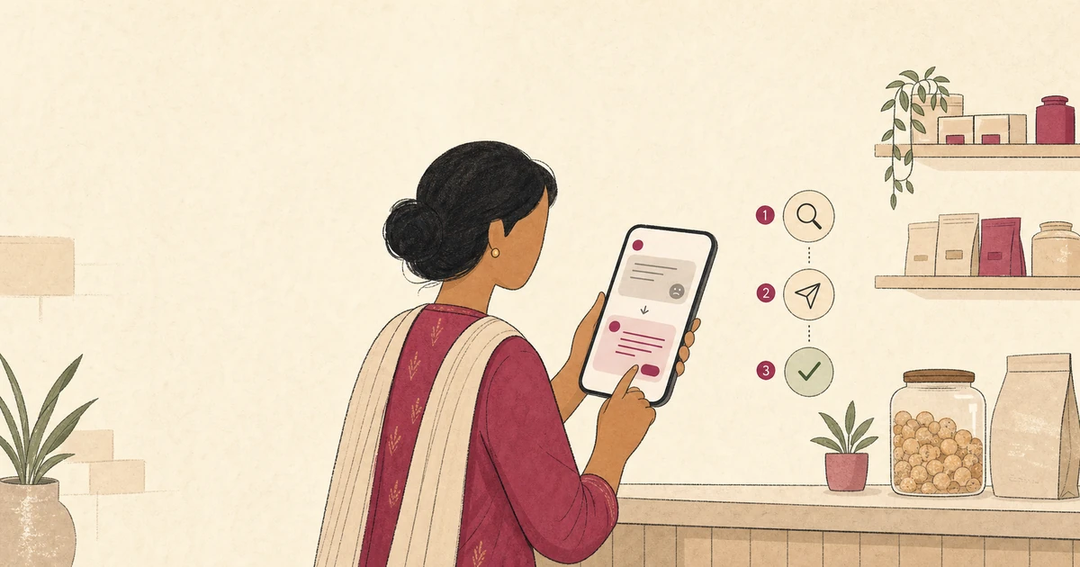 Illustration of an Indian local-business owner drafting a calm reply to a critical Google review
