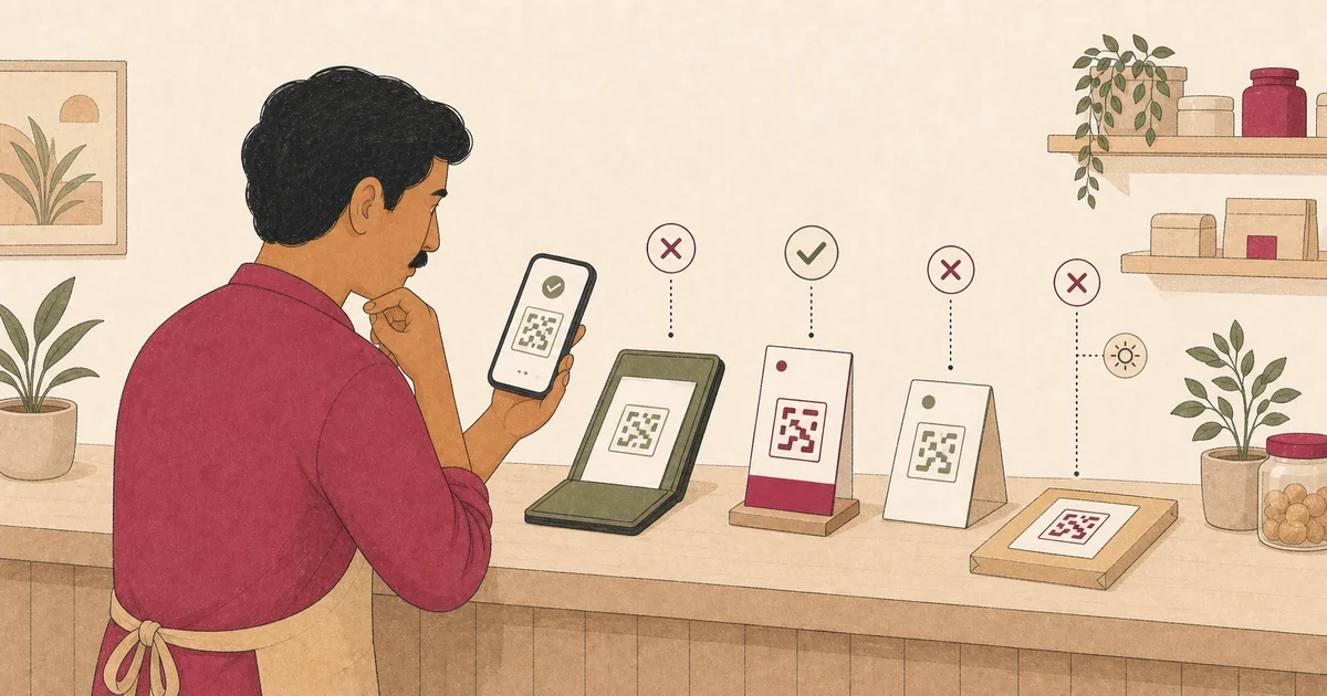 Illustration of an Indian local-business owner comparing review QR placements on a bill, counter card, table, and package